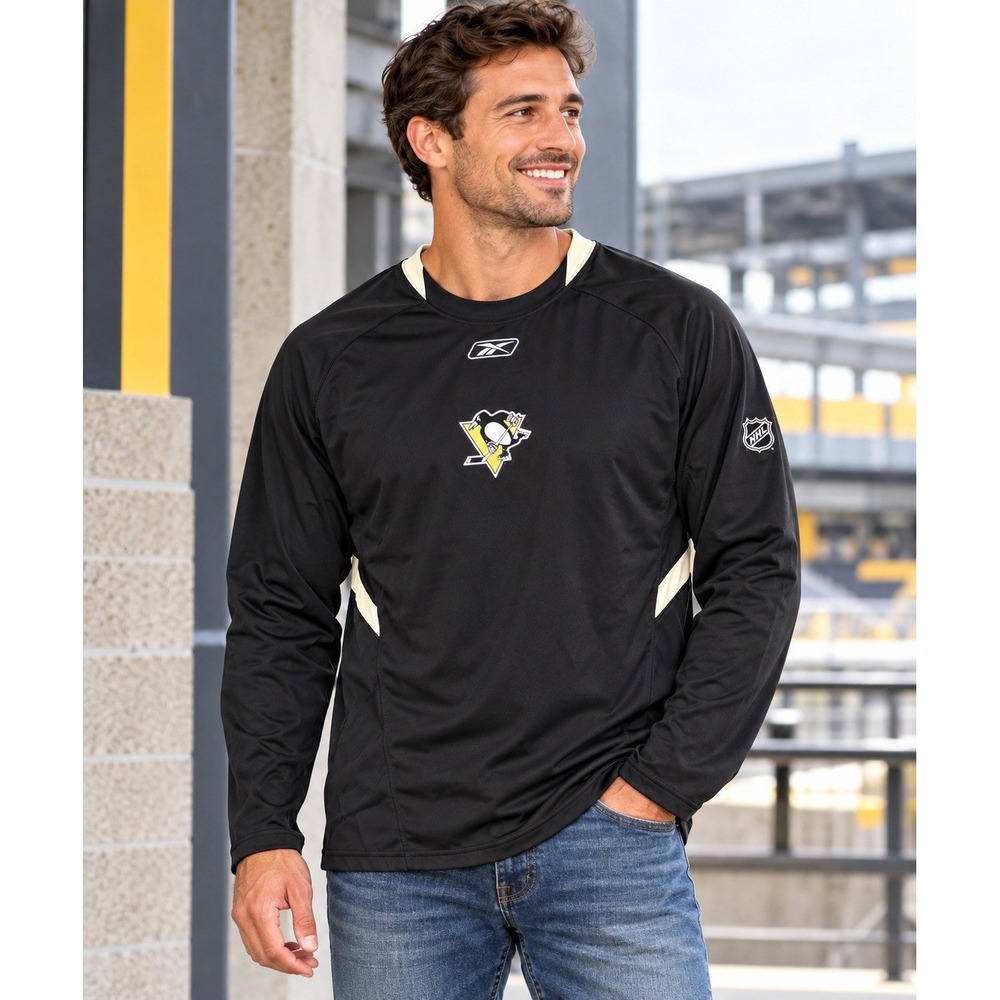 Reebok Pittsburgh Penguins NHL Men's XL Black PlayDry Long Sleeve Shirt Hockey